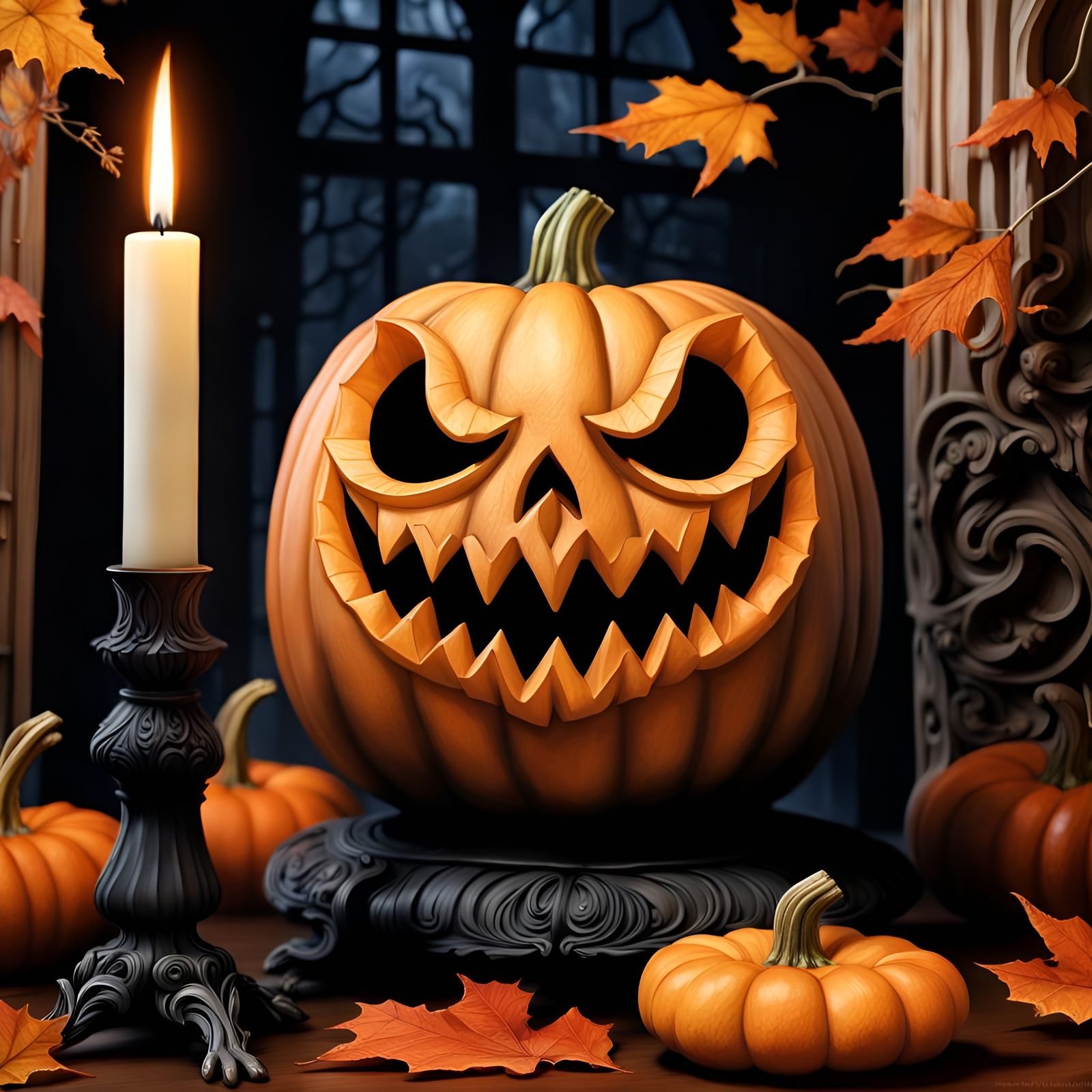 Intricately Carved Laughing Pumpkin in Haunted Mansion Scene