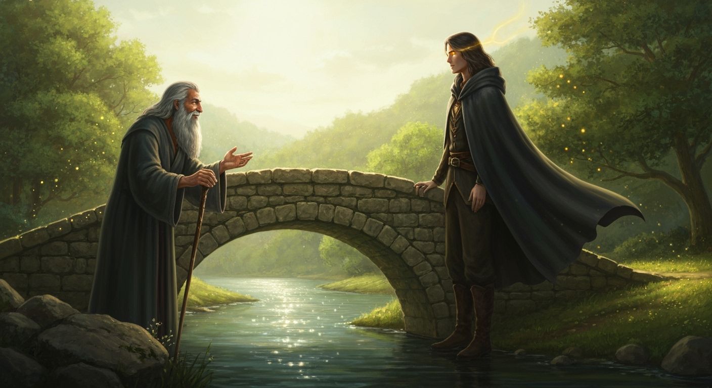 Wizard and Traveler's Romantic Encounter on Ancient Bridge