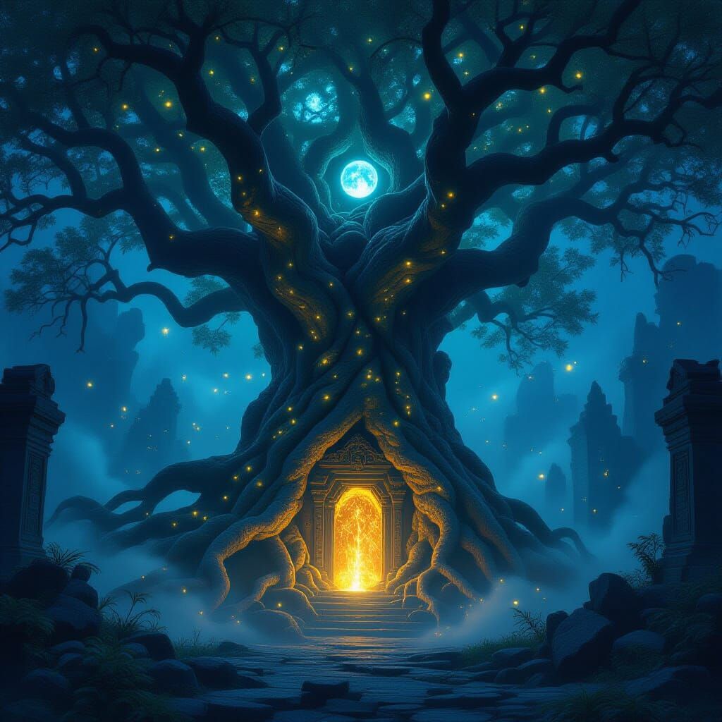 Ancient Tree Surrounds Obsidian Temple in Dark Fantasy Art