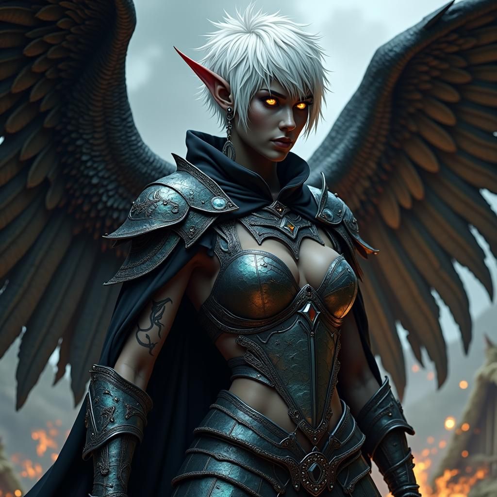 Dark Elf with Feathered Wings in Burning Village