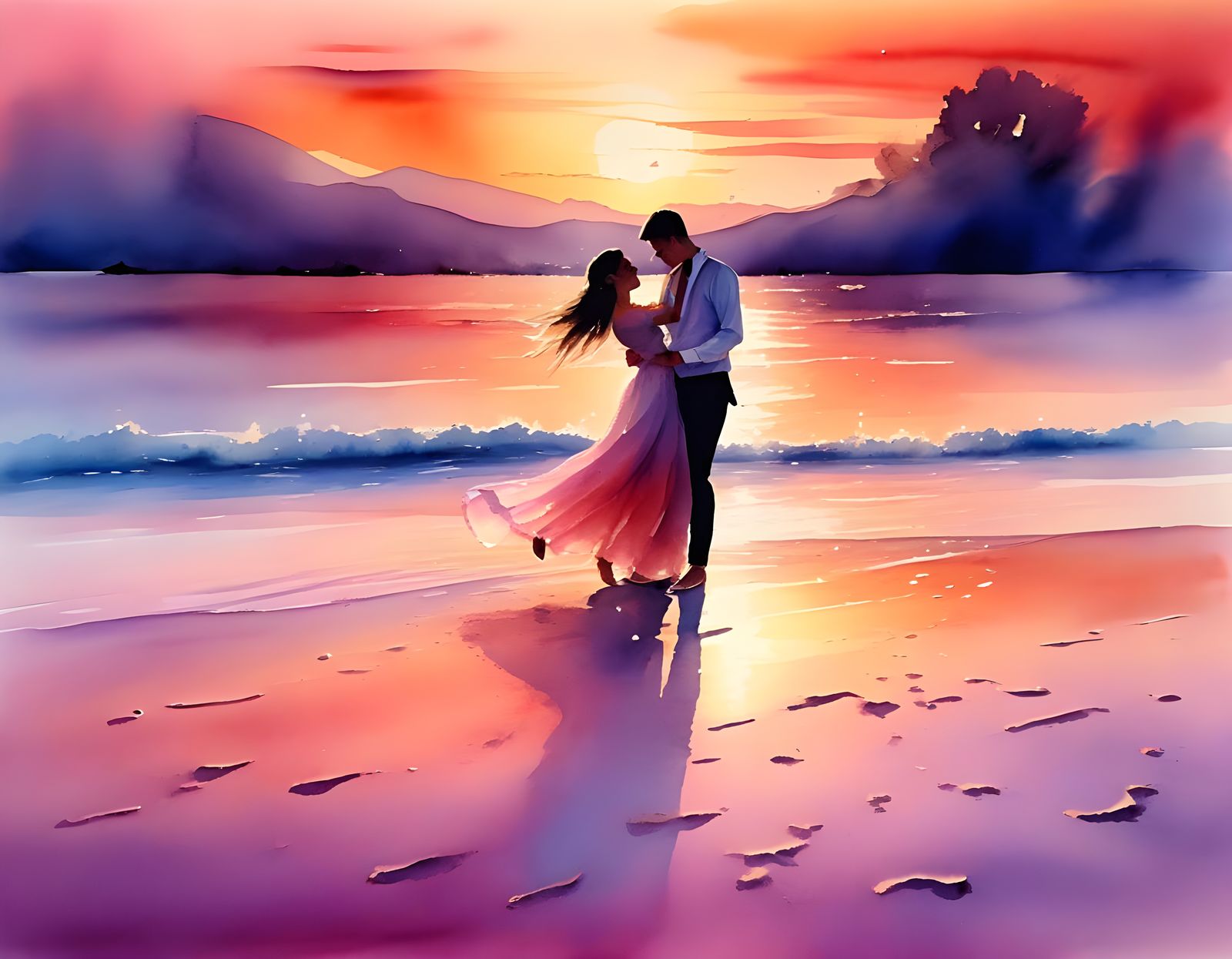Dreamy Sunset Dance Scene in Vibrant Watercolour