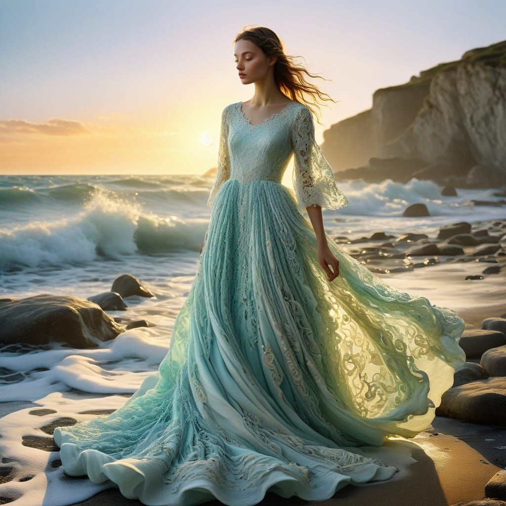 Woman in Sea Foam Gown at Sunset