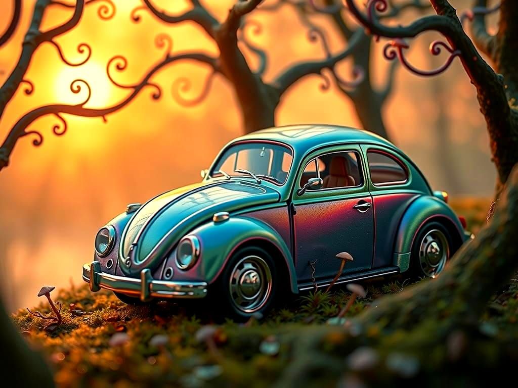 VW Beetle in Whimsical Miniature Forest Scene