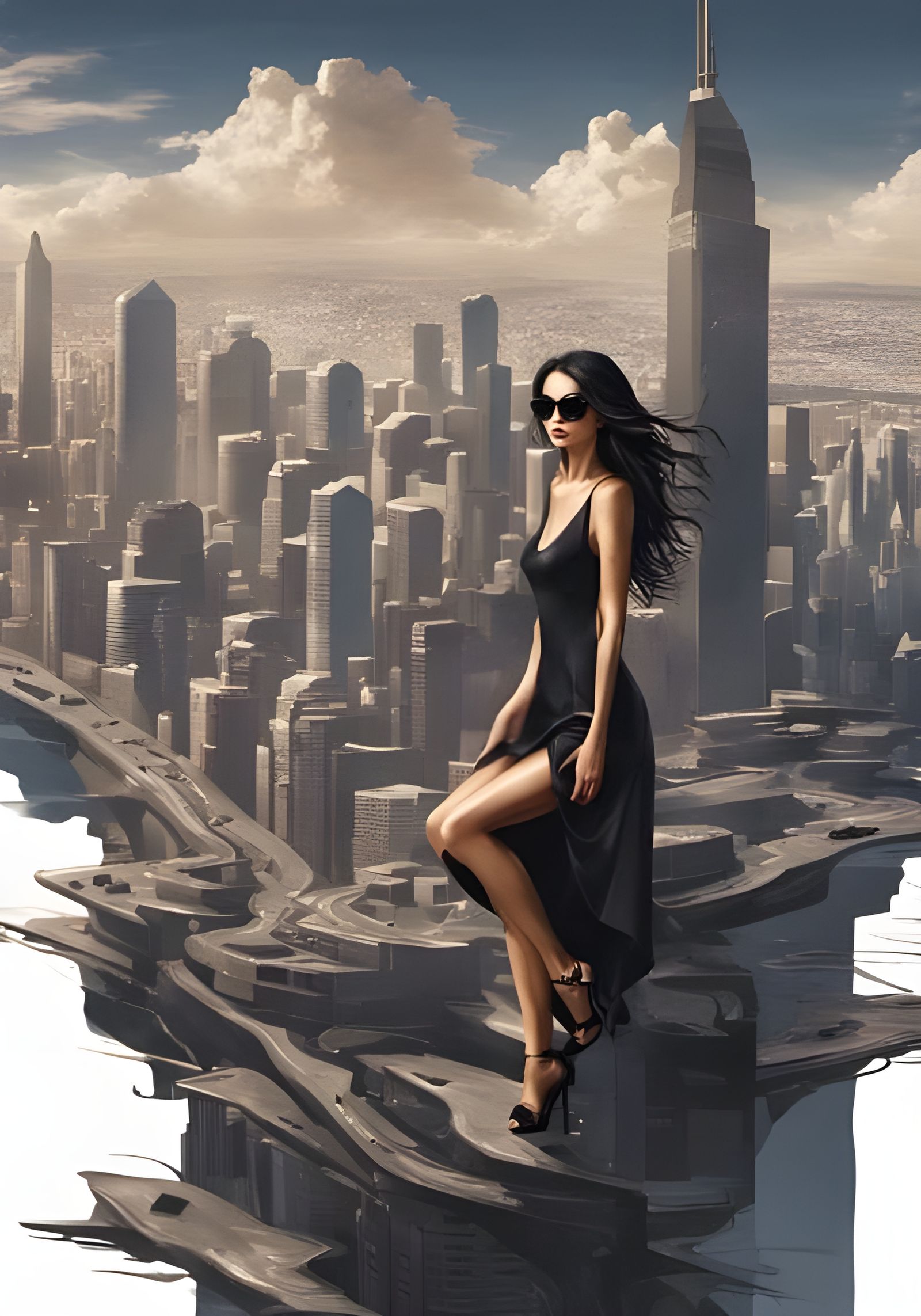 Stylish Girl in Noir Cityscape, Digital Art