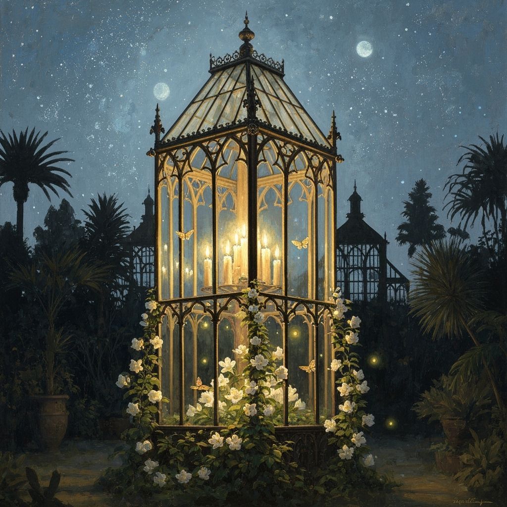 Victorian Lantern in Moonlit Garden, Oil Painting