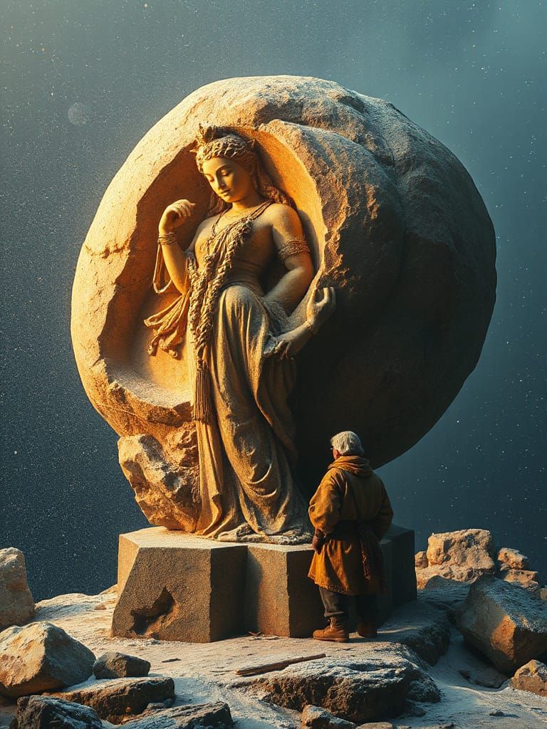 Celestial Goddess Carved From Asteroid in Art Nouveau Style