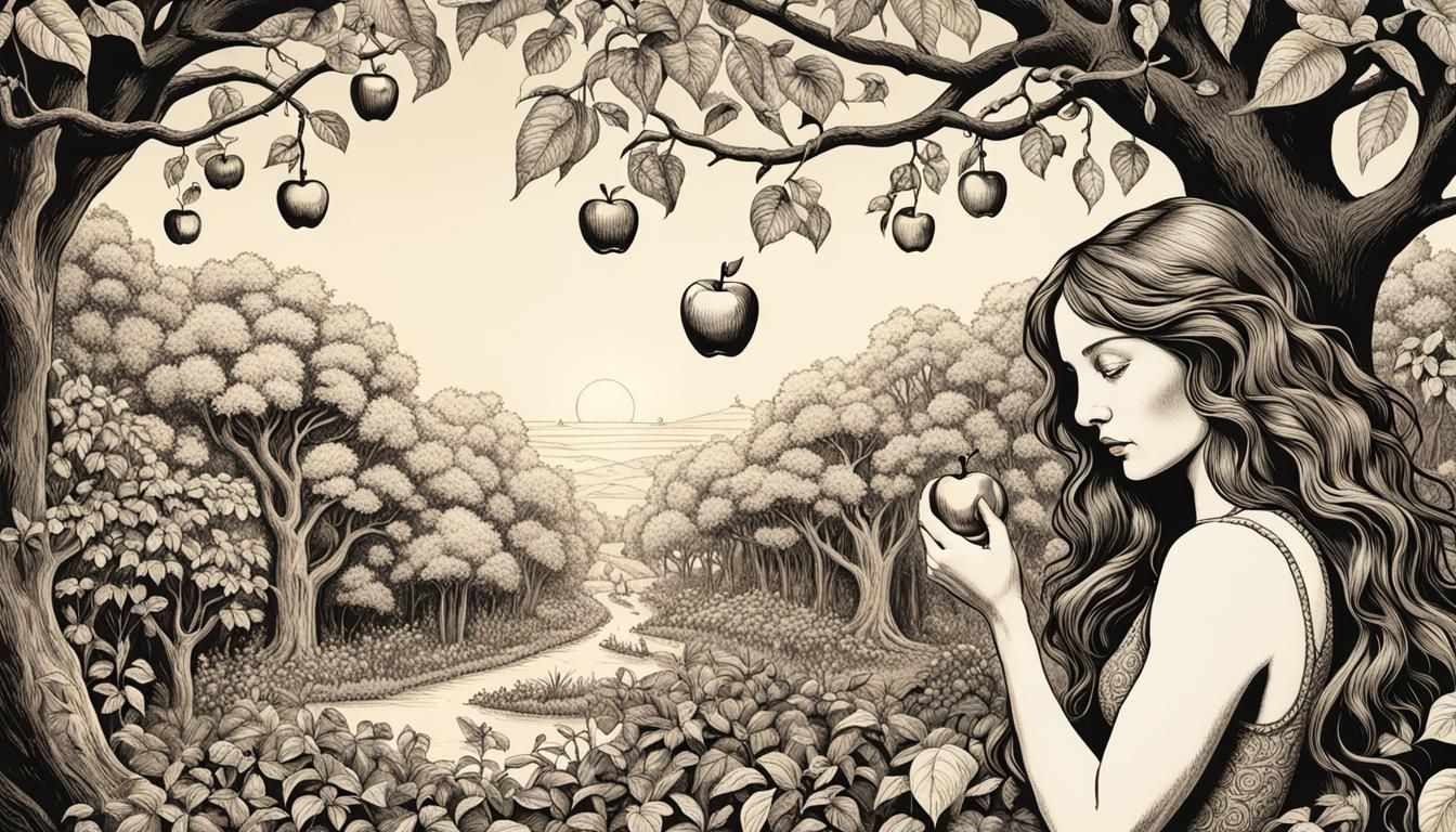 Eve in Eden with Apple, Pen and Ink