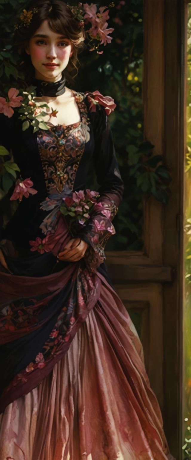 Ethereal Woman in Garden: Mucha-Inspired Watercolor