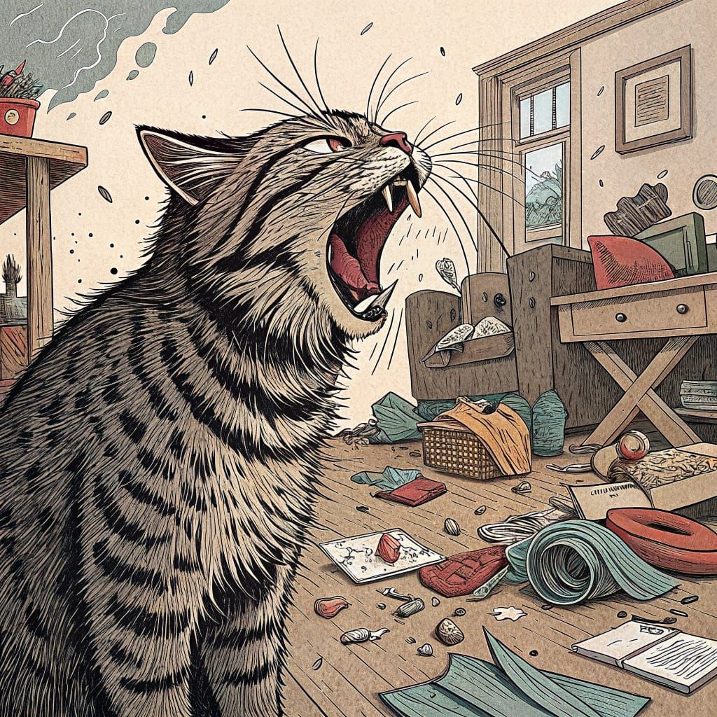 Disgruntled Cat in Turbulent Household as Woodcut Print