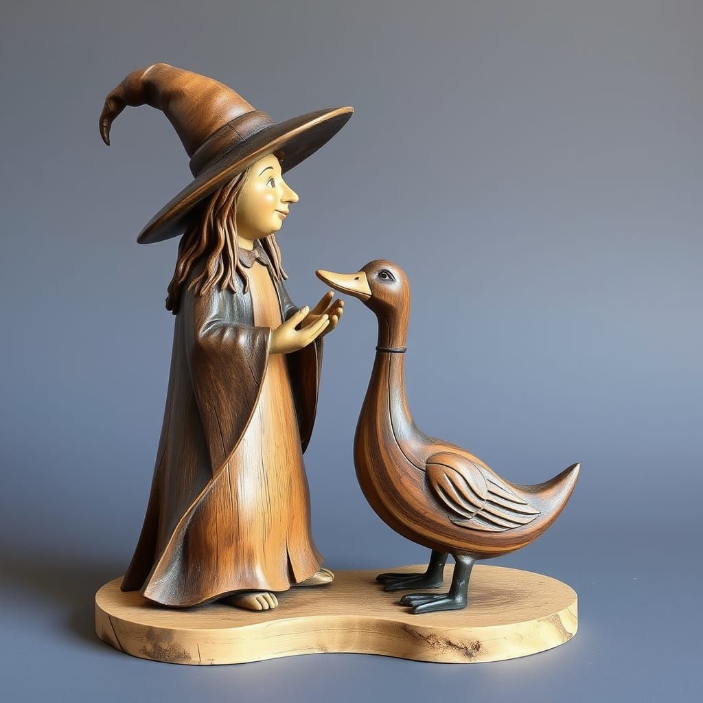 Wooden Sculpture of a Witch and Duck
