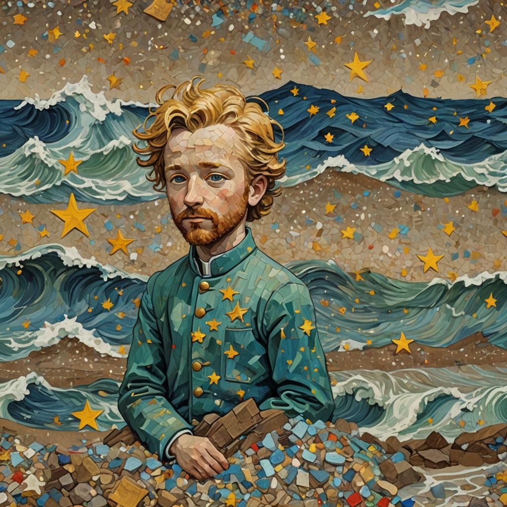 Hyperrealistic Starry Night Wood Sculpture with Waves