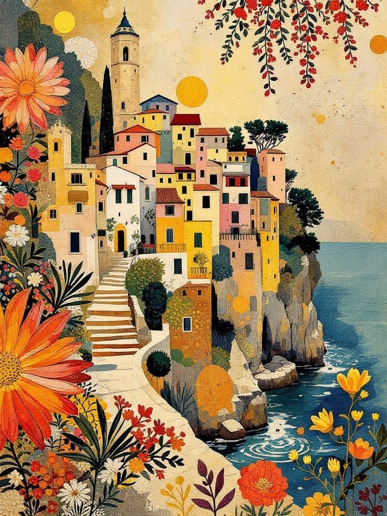 Vibrant Italian Cliffside Village in Klimt-Matisse Style