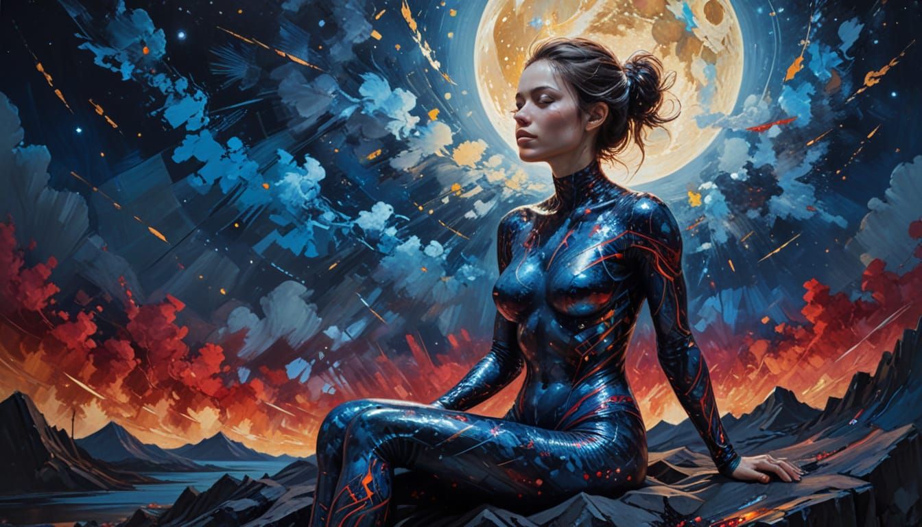 Vibrant Painting of Woman with Ink Patterns and Foil