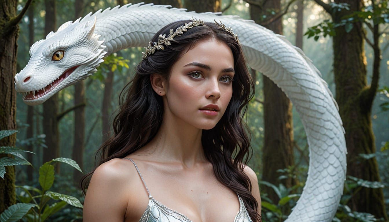 Mythical Woman Serpent Hybrid in Mystical Forest