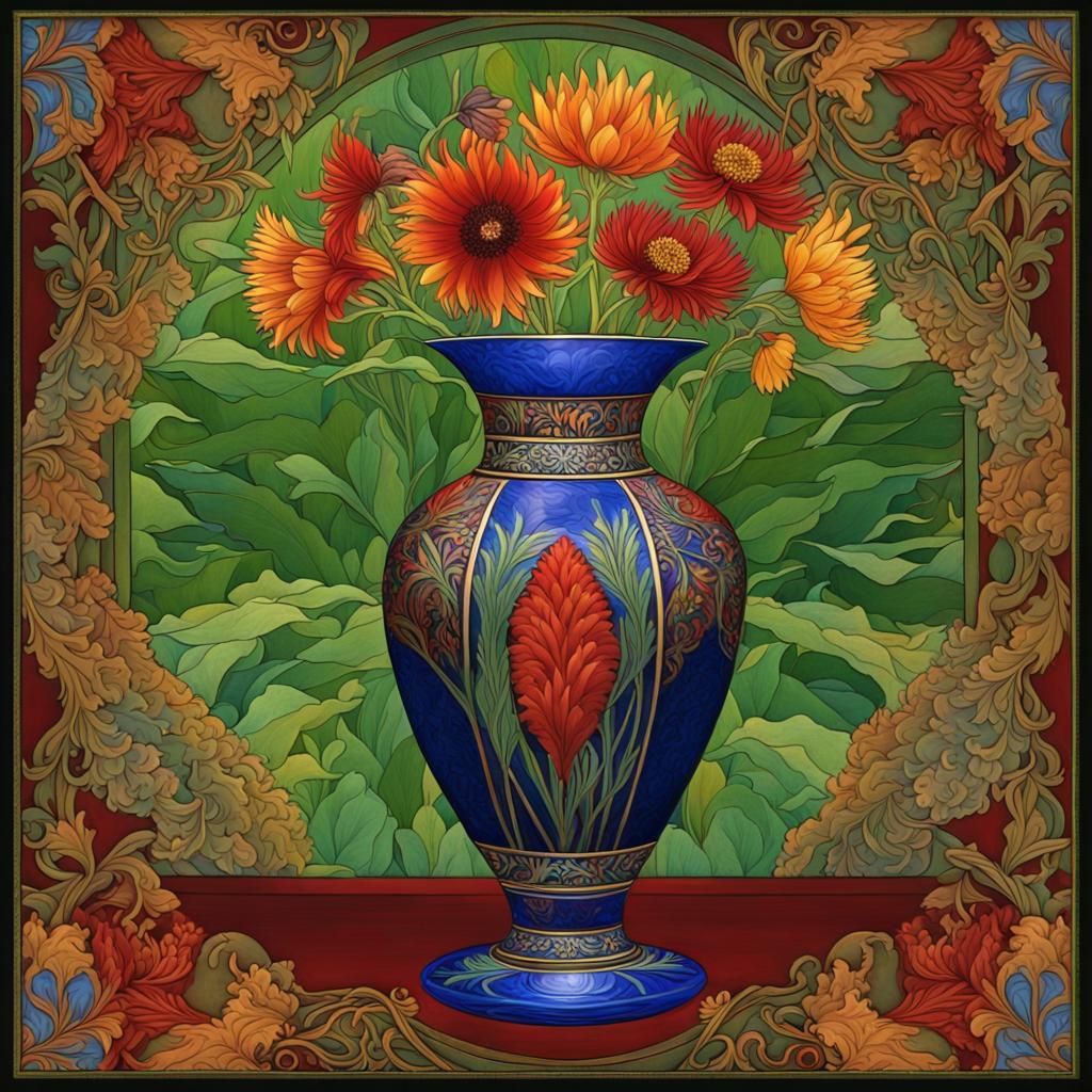 Crystal Vase with Native Flowers in Arts and Crafts Style