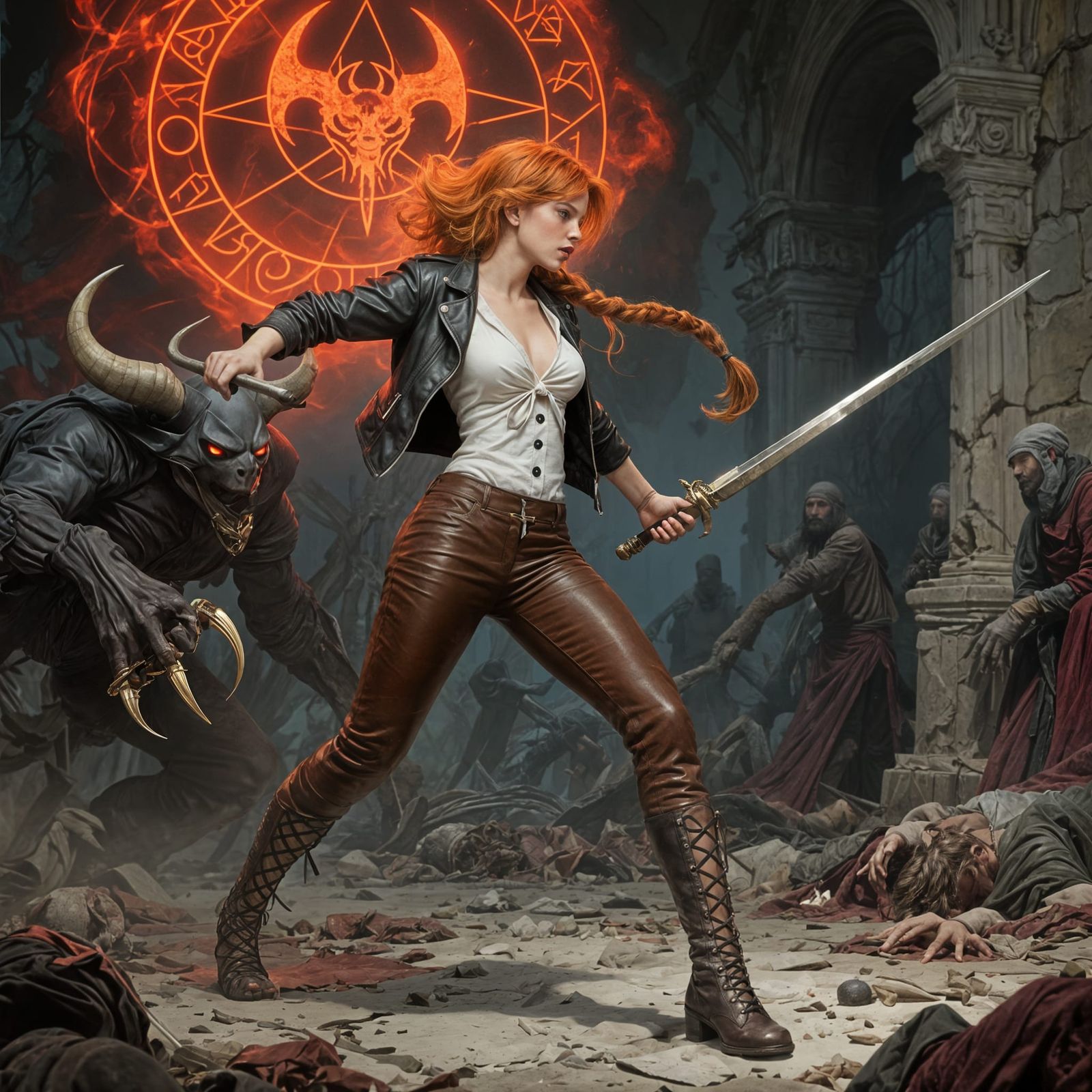 Woman Warrior Fighting Demon in Fantasy Illustration