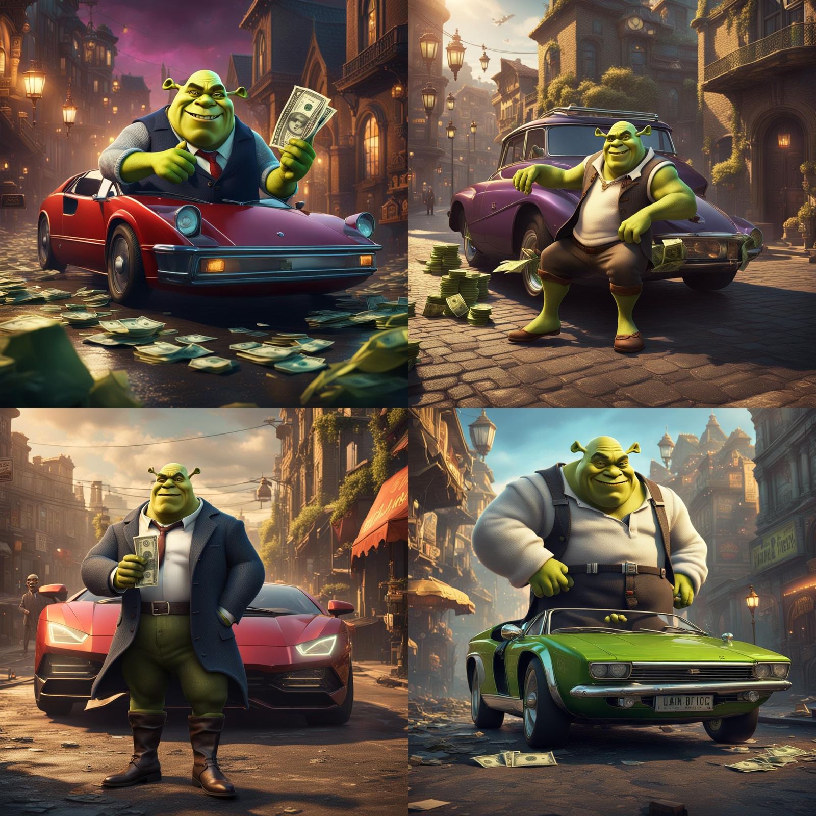 Gangster Shrek in a Lambo: Detailed Fantasy Art