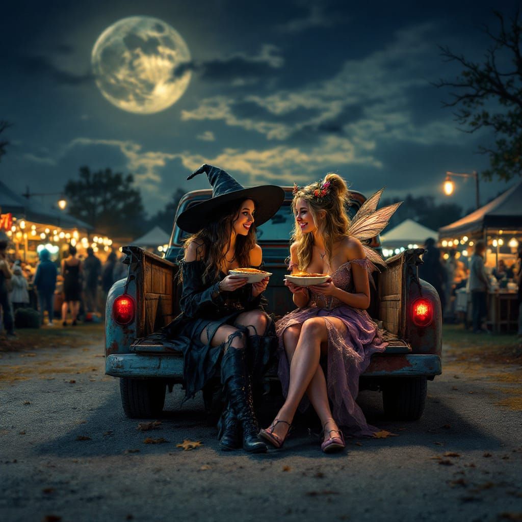 Halloween Market Scene with Costumed Teens Eating Pie