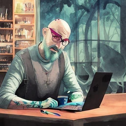 Bald Man in Cafe Surrounded by Monsters