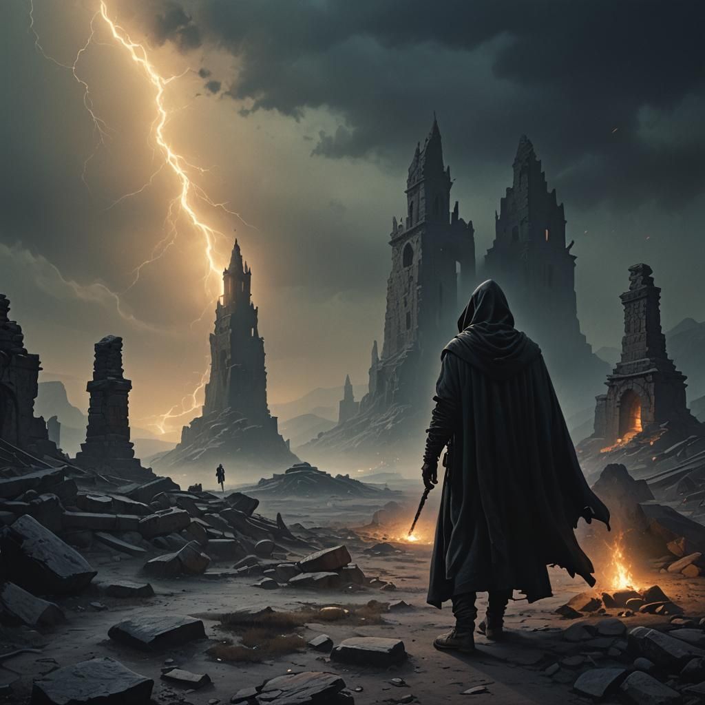 Hooded Figure in Barren Wasteland: Dark Fantasy Art