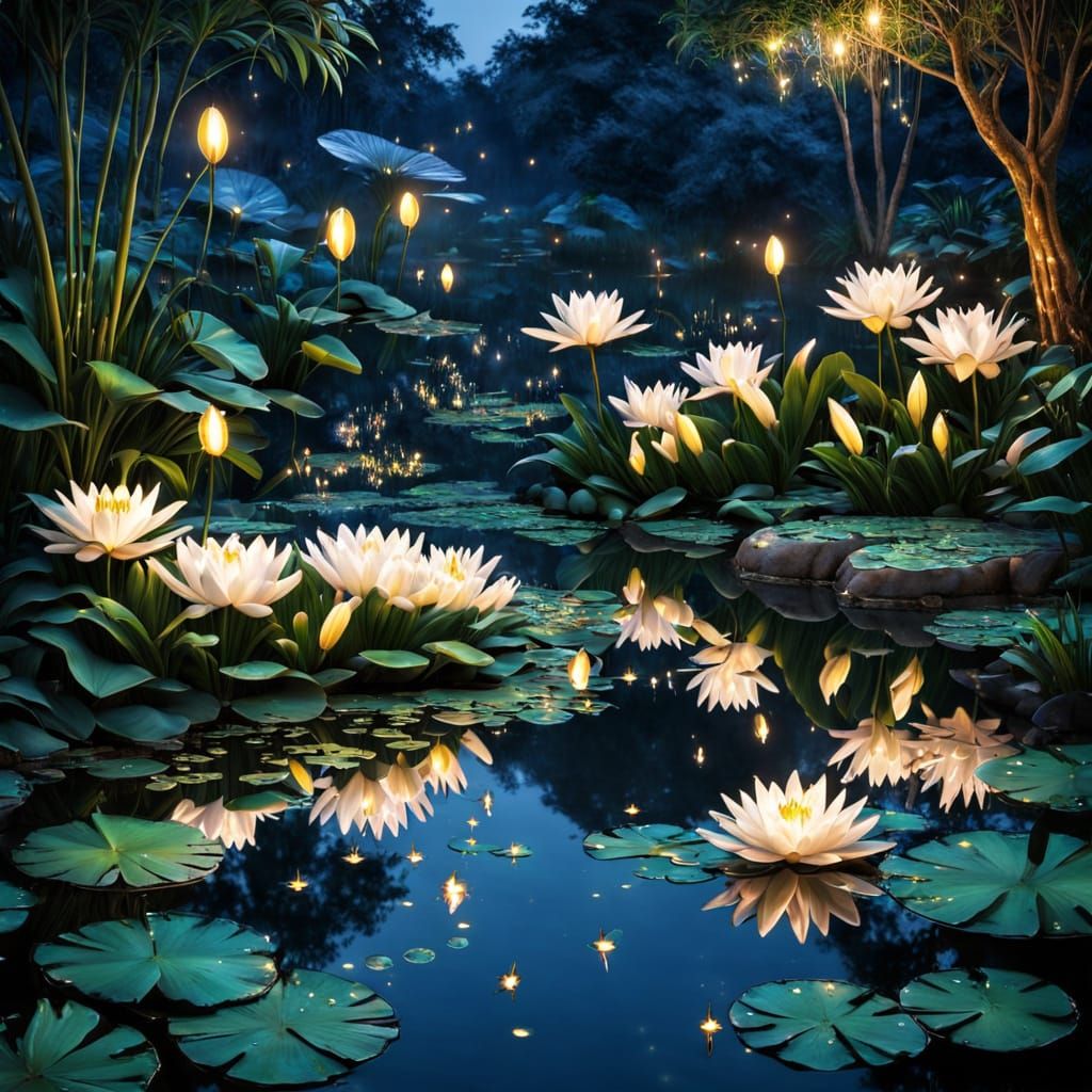 Serene Nighttime Lily Pond Scene with Twinkling Reflections