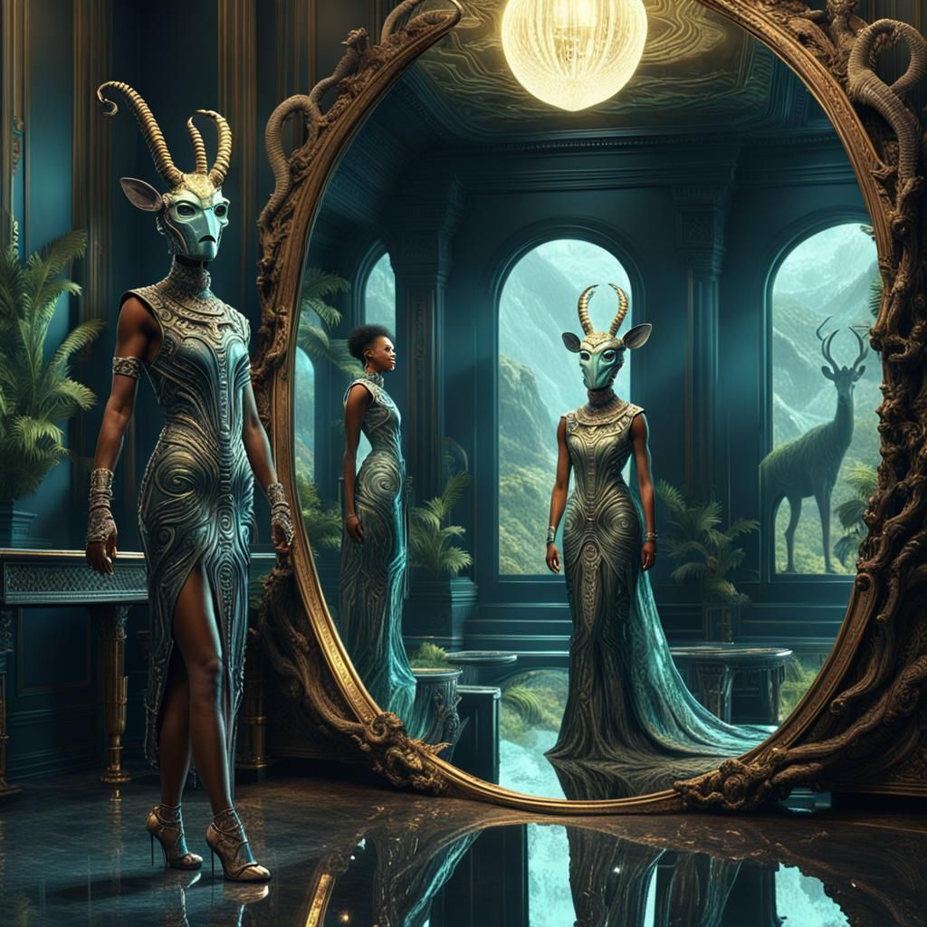 Cyborg's Reflection: Woman in African Jungle