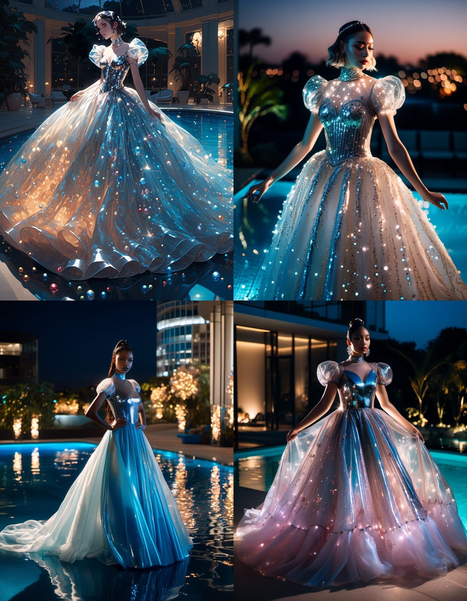 Translucent Ballgown at Night by the Pool