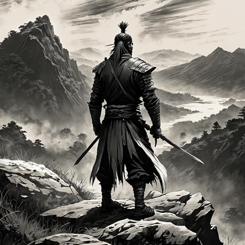Dark Warrior on Hilltop in Manga Style