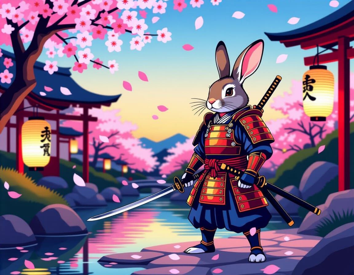Samurai Rabbit in Serene Japanese Garden
