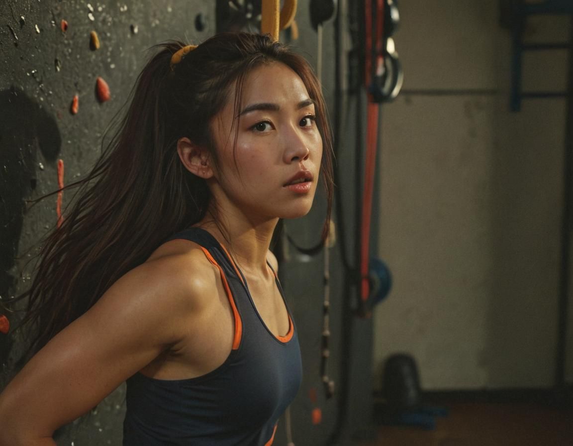Young Woman Climbs in Neon-Lit Gym