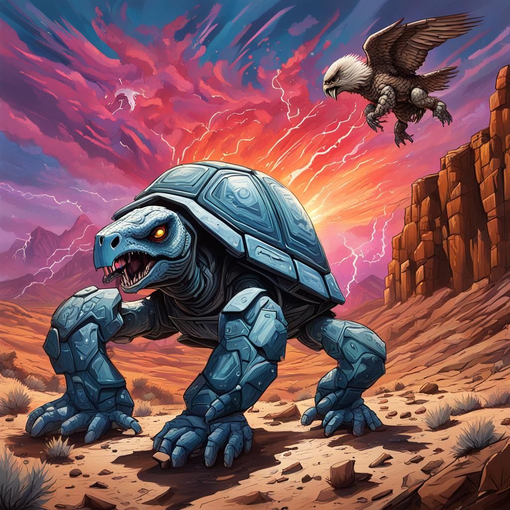 Cartoon Terminator Turtle Versus Eagle in Graffiti Art