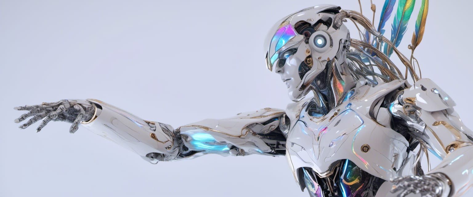 Hyperrealistic Tesla Robot with Rainbow Wings