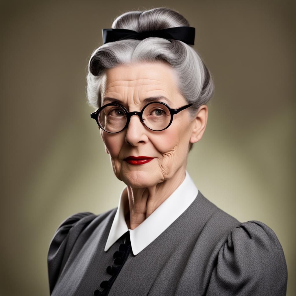 Stern Governess with Grey Hair Bun and Glasses
