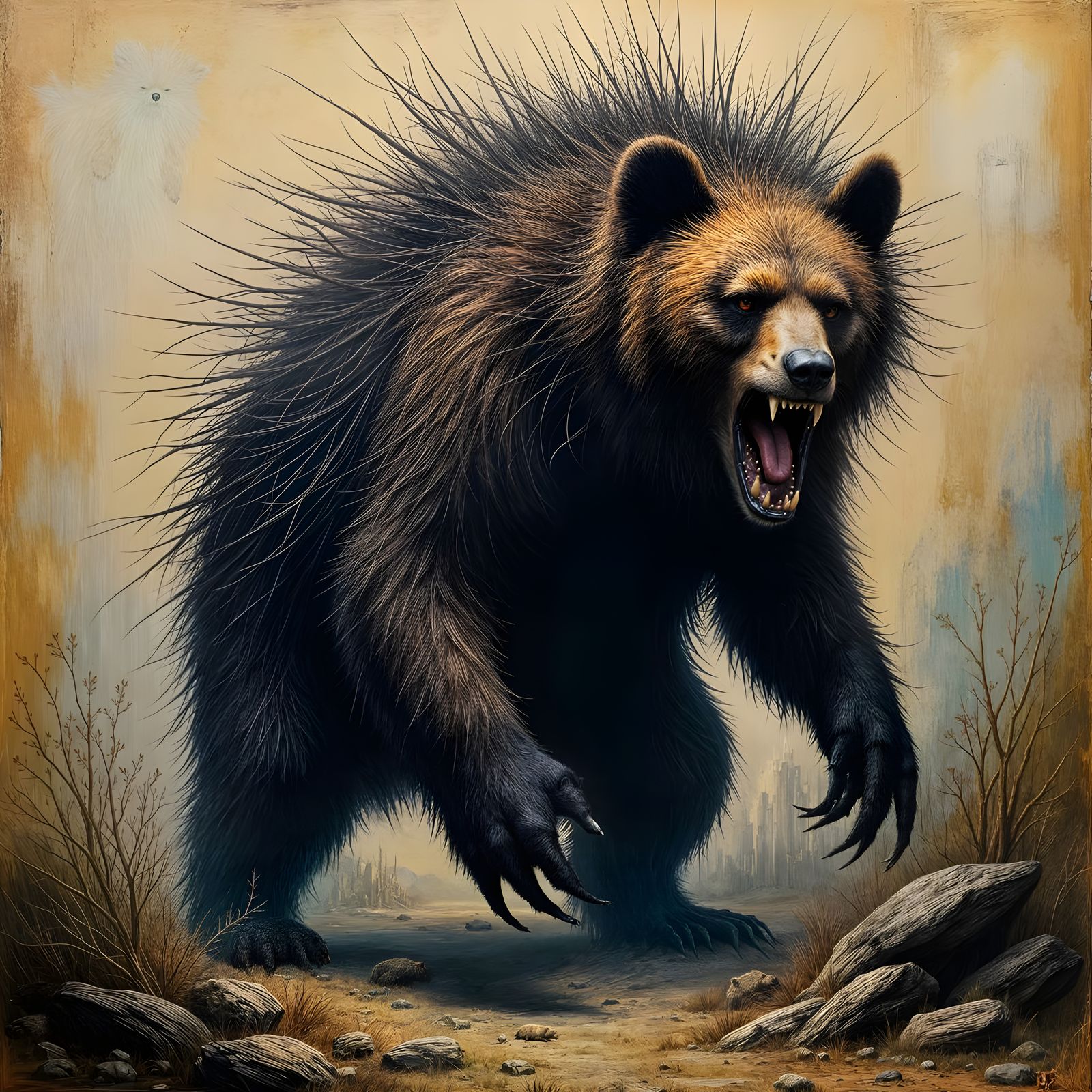 Menacing Bearcupine Creature in Gothic Horror Style