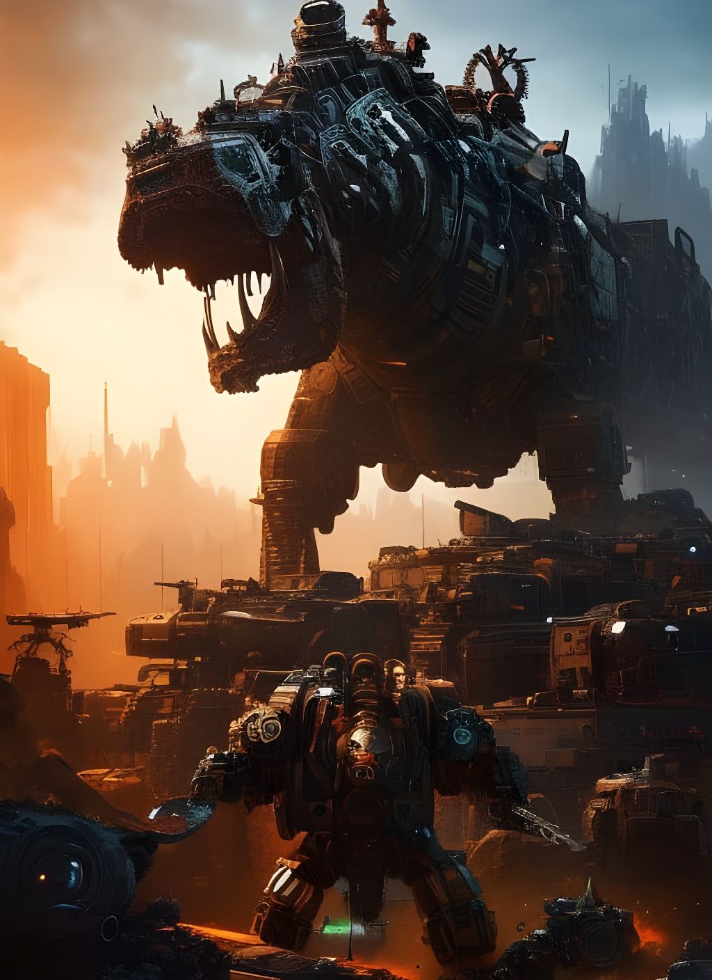 Cyborg Beast Charges Through Wasteland in Gritty Watercolor