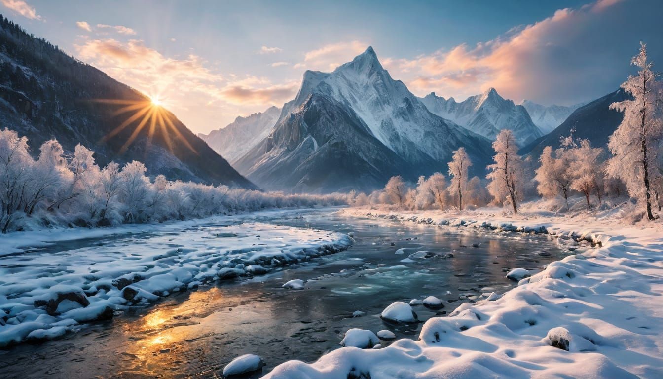 Breathtaking Winter River Sunset in Mountainscape