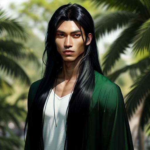 young guy, black long hair, dark-tanned-skin, Filipino, 20-y...