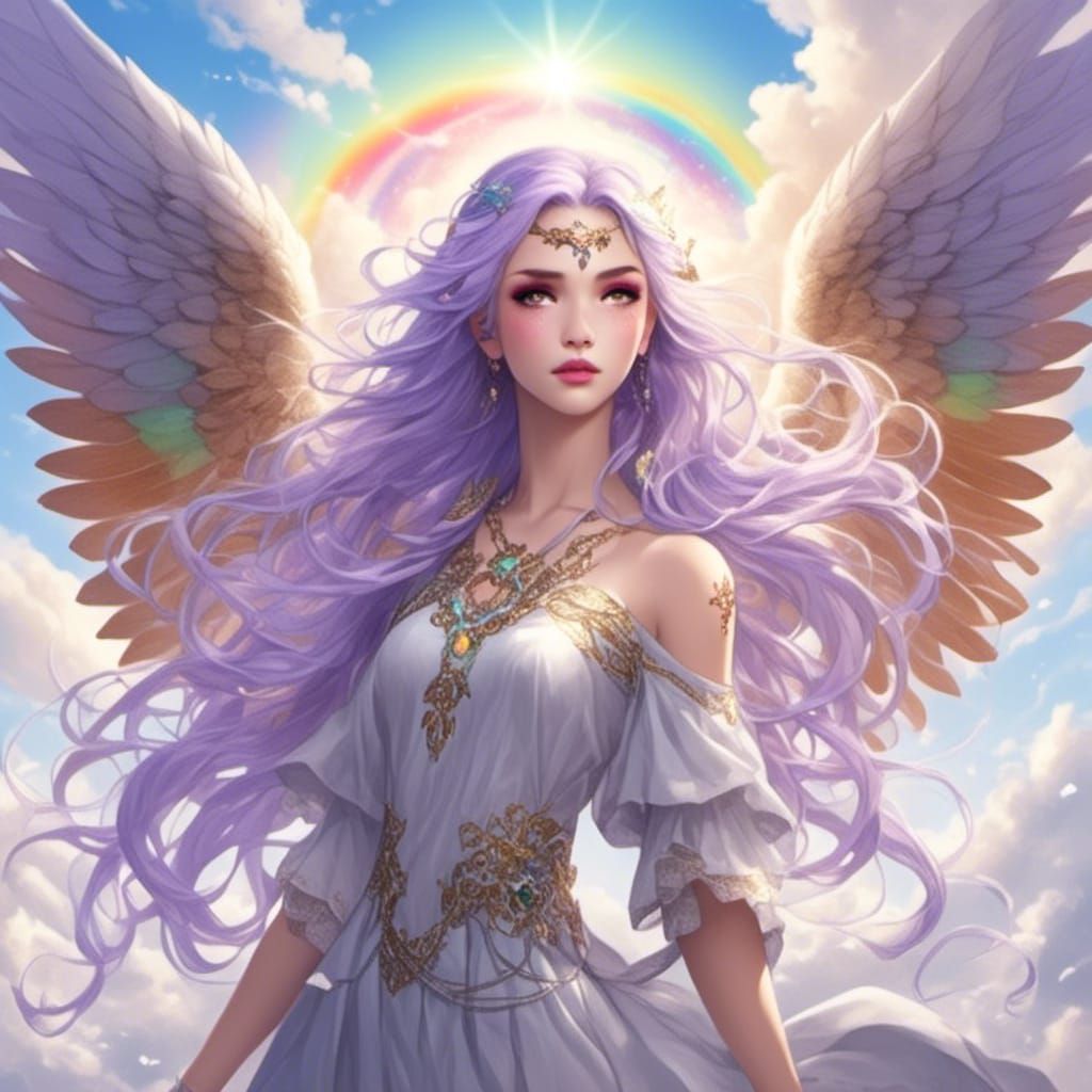 Beautiful Angel with Rainbow Wings in the Clouds