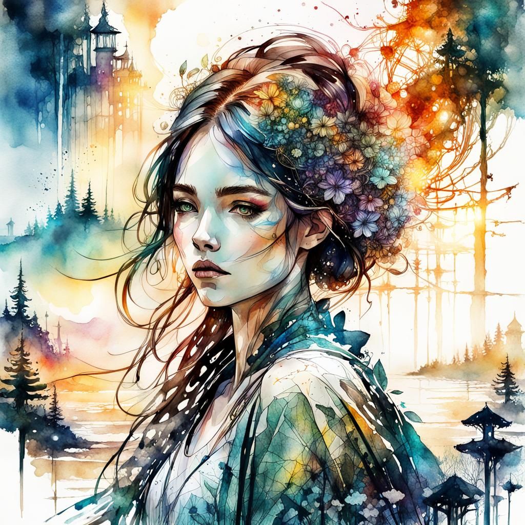 Fantasy Watercolor: Girl at Sunset Summerscape