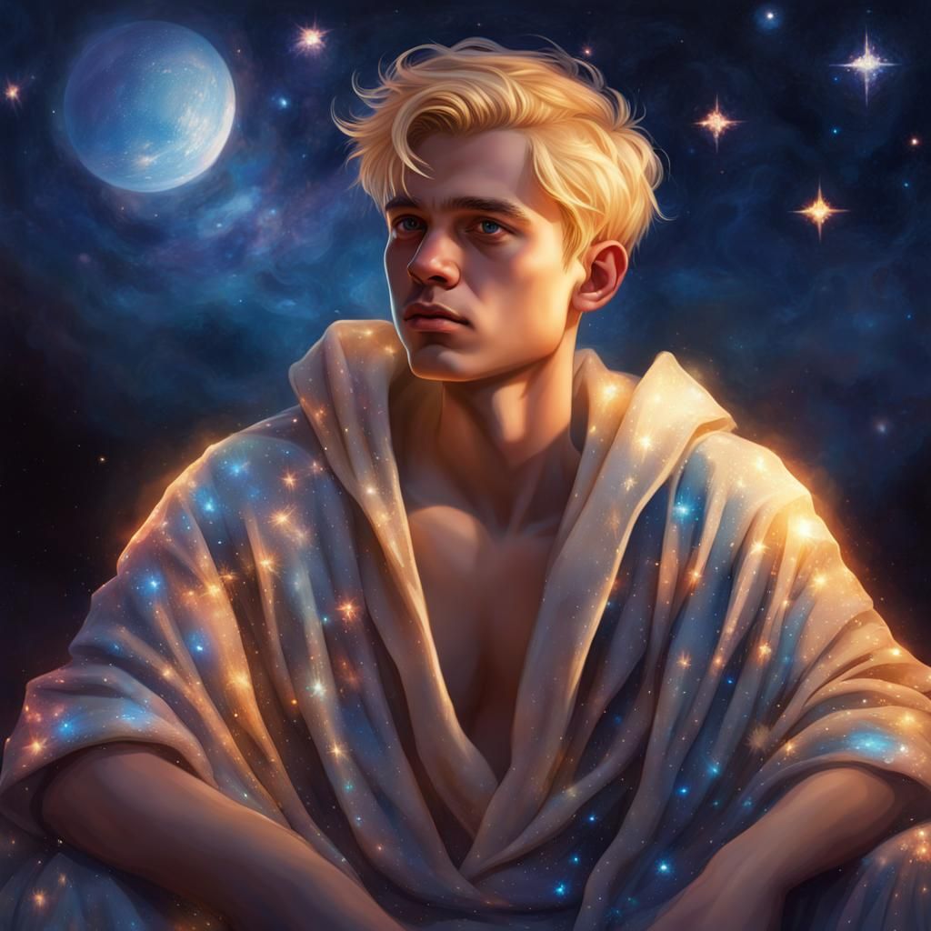 Teen Seer Gazing at Night Sky in Hyperrealistic Style