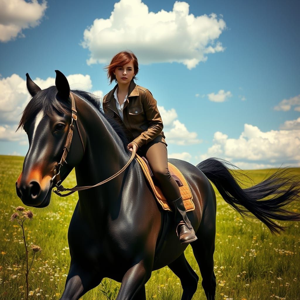 Realistic Equestrian Portrait of a Woman in a Lush Meadow