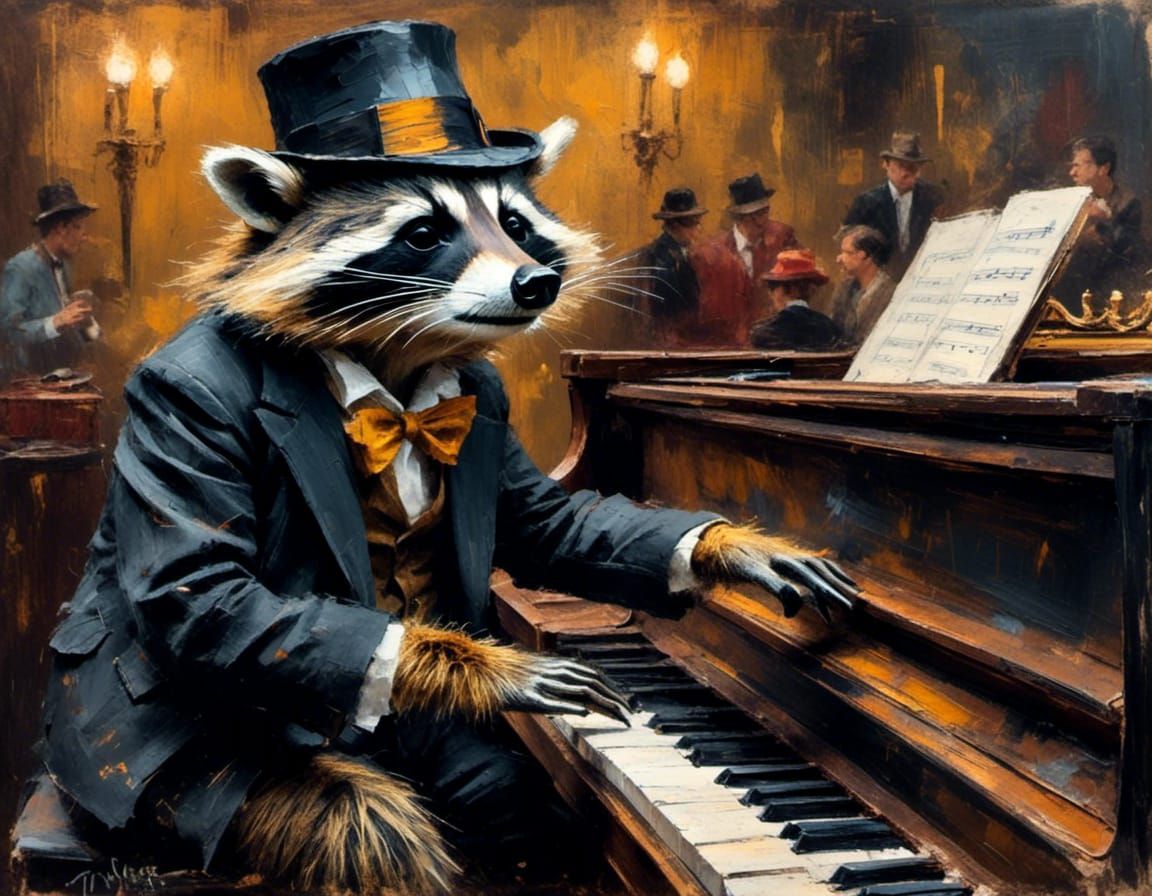 Stylish Racoon Plays Jazz Piano, Oil Chalk Painting