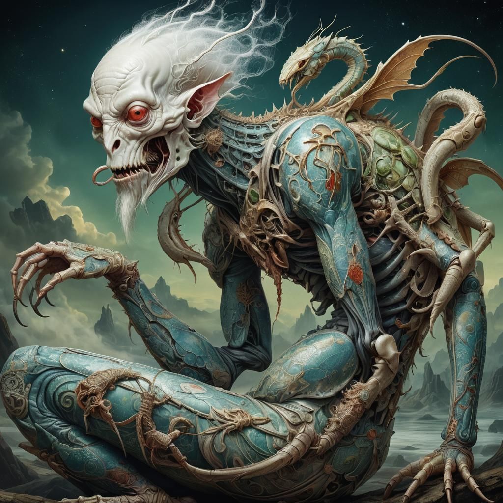 Tattooed Albino Praying Mantis Krampus: Digital Art