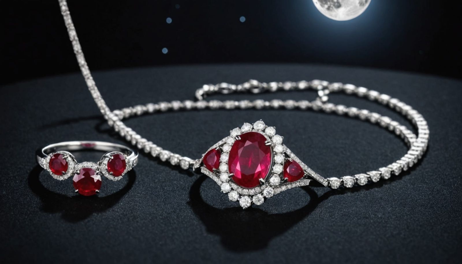 Luxurious Ruby and Platinum Jewelry Illuminated by Moonlight