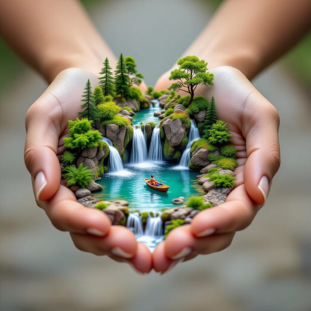 Miniature Waterfall Scene Held in Strong Hands