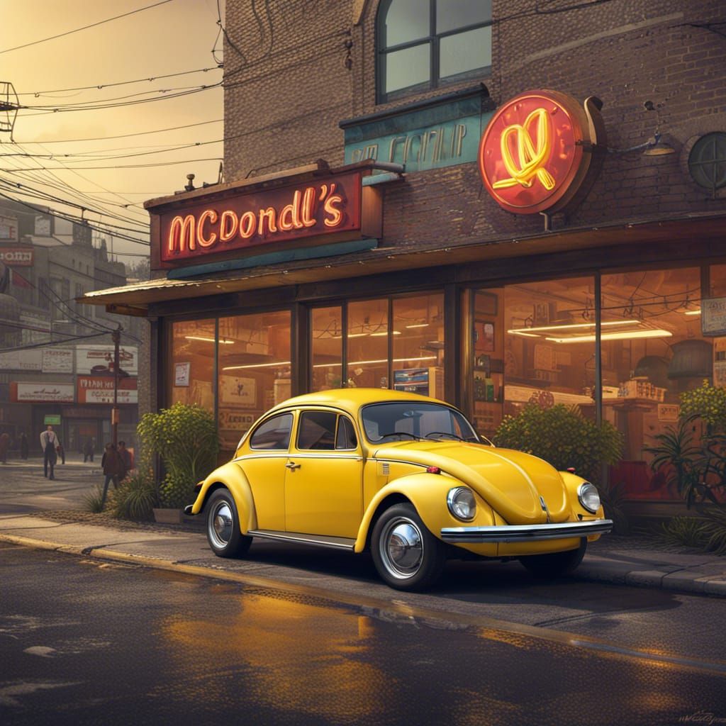 Yellow 1973 Beetle at Old McDonald's Restaurant