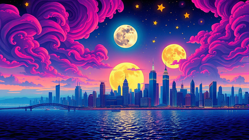 Lite Brite Cityscape at Dusk in Digital Art Style