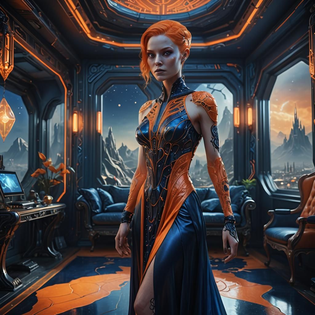 Alien Woman in High-Tech Room, Detailed Matte Painting