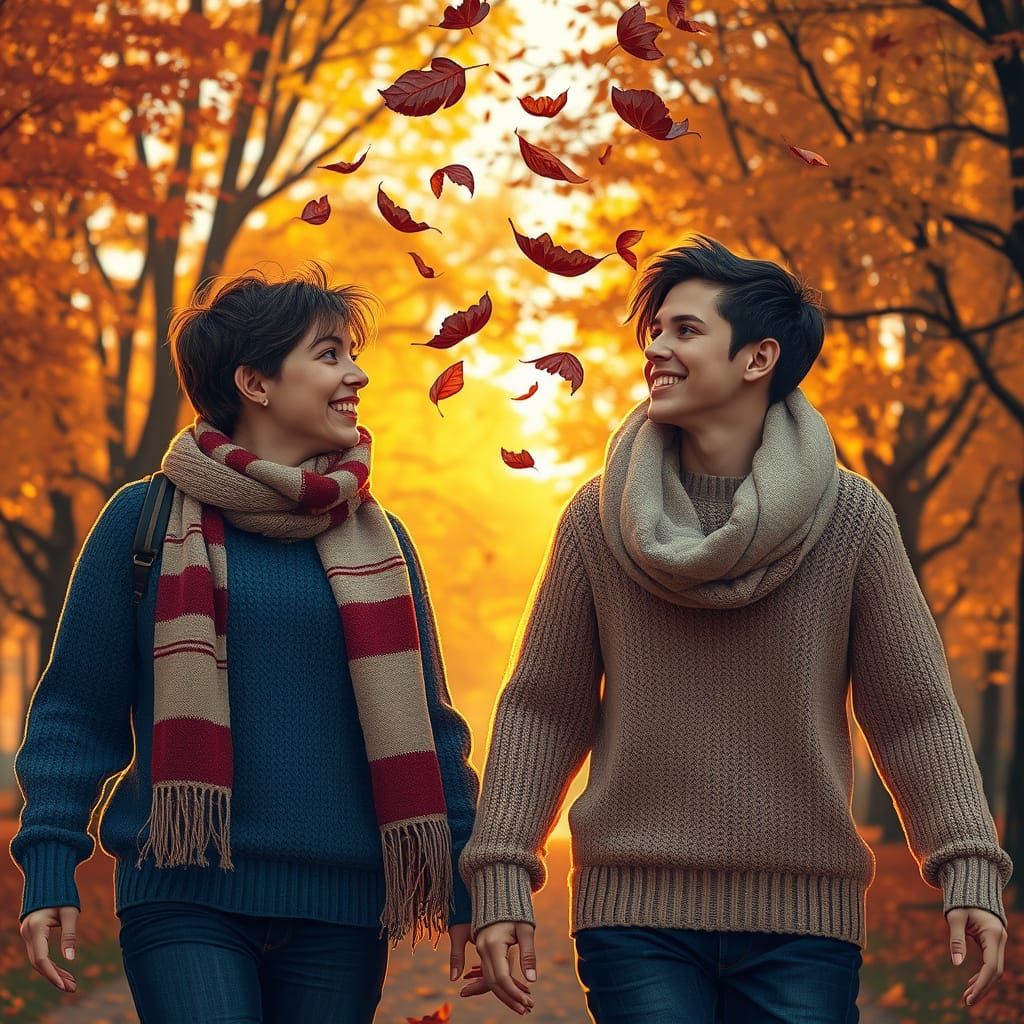 Friends Enjoying Autumn Park in Digital Painting Style