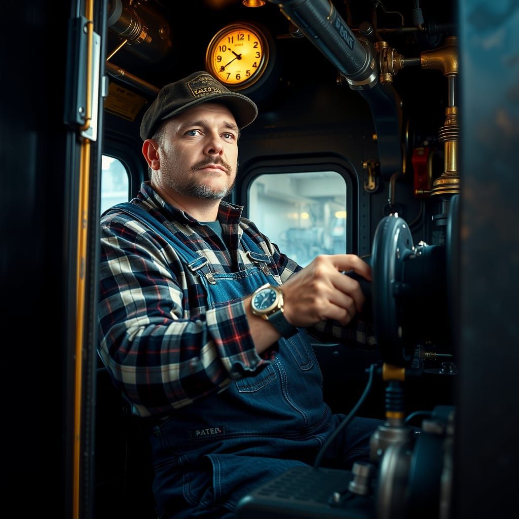 Steam Locomotive engineer in a cab